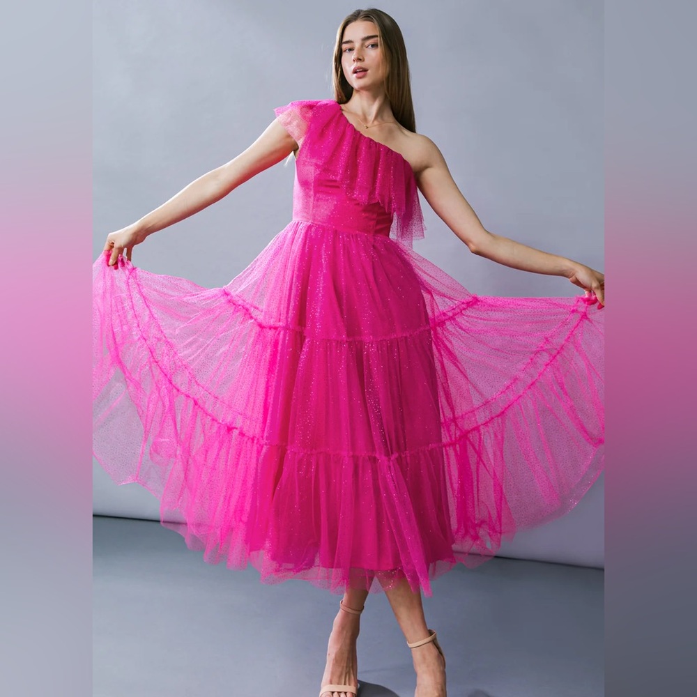 Flying Tomato Fuchsia One Shoulder Tulle Midi Dress